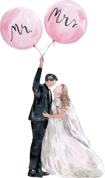 Newly Wed Couple Holding Balloons Watercolor